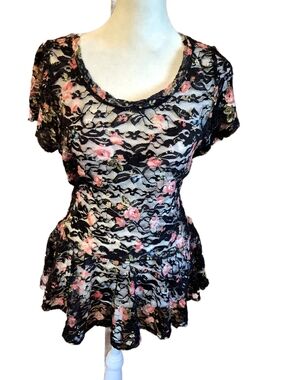 Spoiled Black Lace Peplum Tunic with Pink Floral Accents